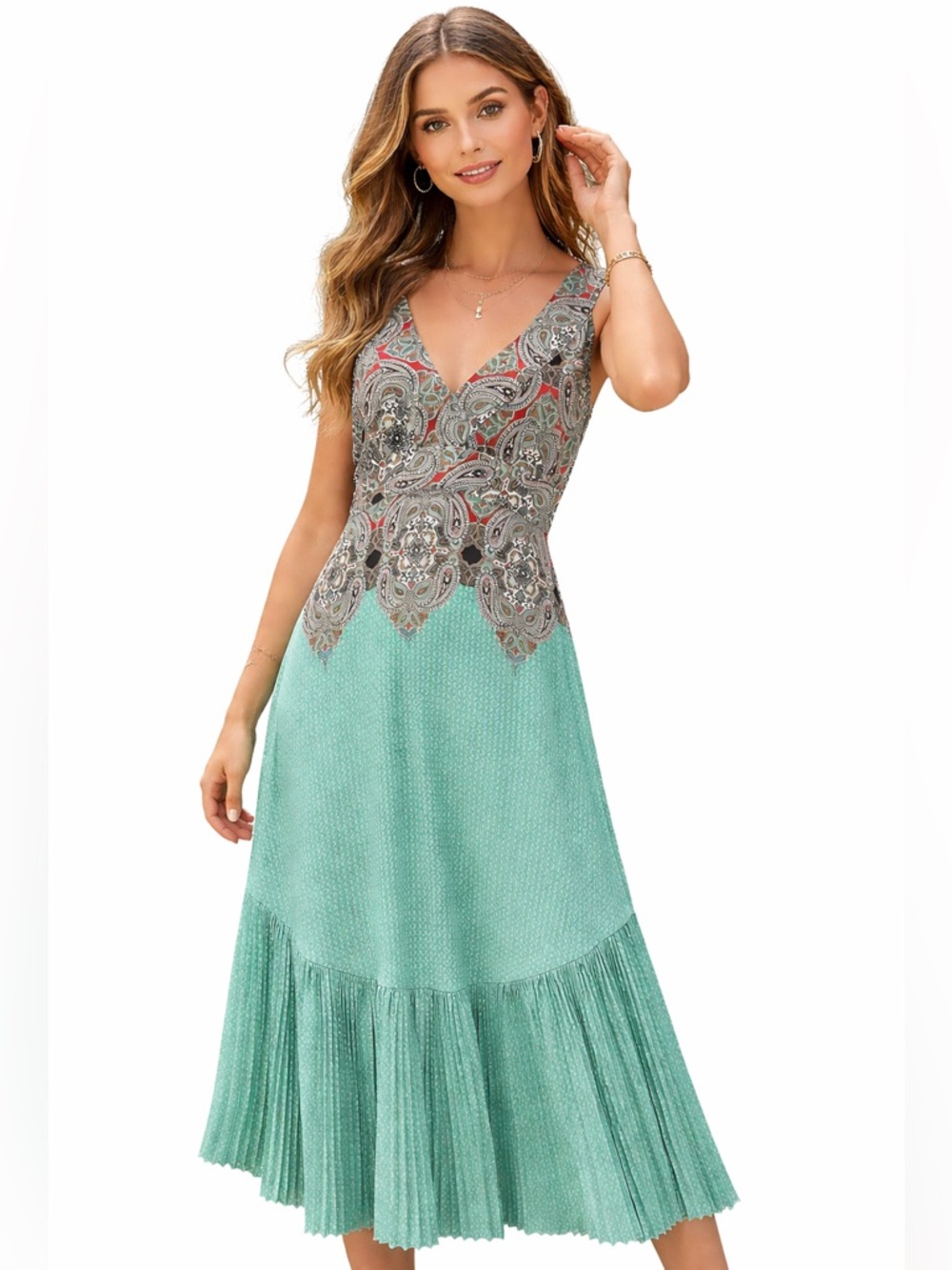 Maeve Size 12 Canyon Creek Dress Midi Mint Green Pleated Wedding coastal Resort